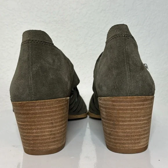 1. STATE ARNET OLIVE SUEDE LASER CUT POINTED TOE HEELED ANKLE BOOTIE - Picture 12 of 14